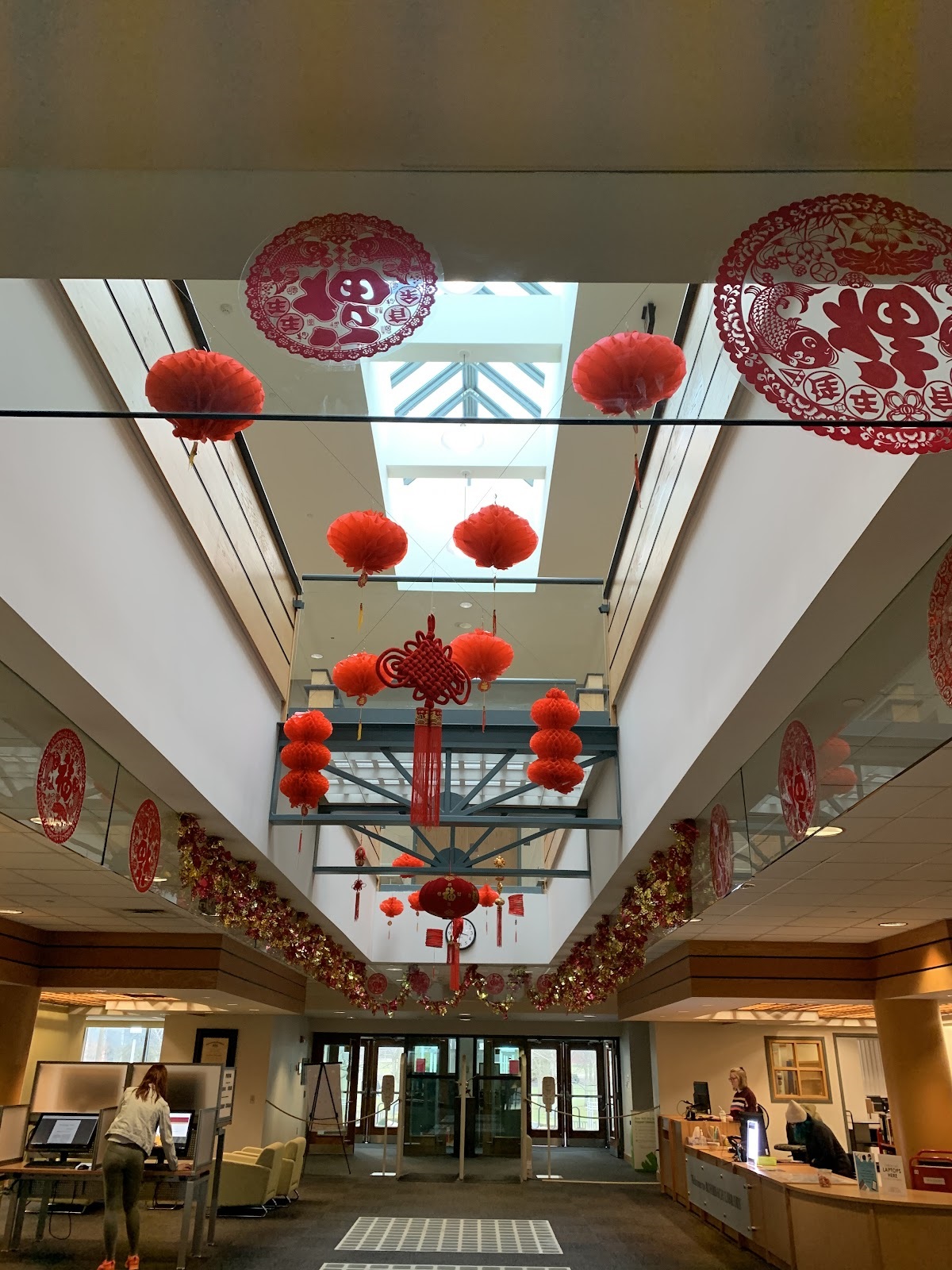 Rohrbach Library decorated with red lanterns and lunar New Year decorations hanging from the ceiling 