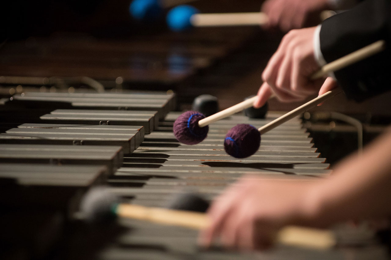 Closeup of hands playing the marimba 