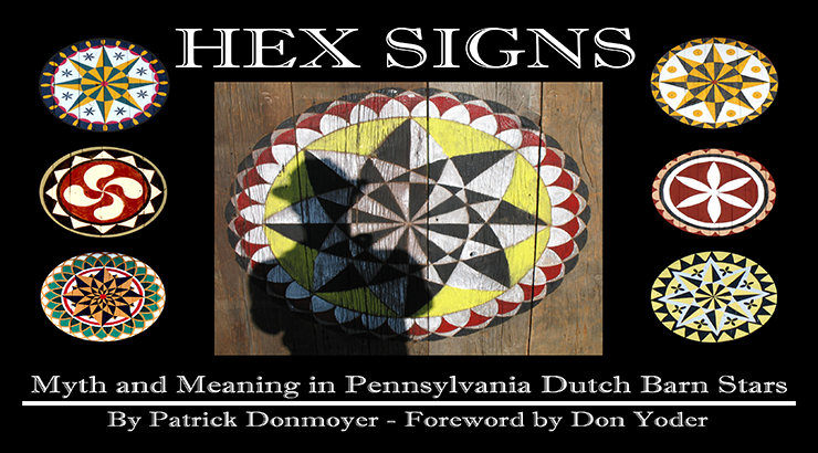 Front Cover: Black background with 6 Hex Signs (or barn stars) with the center image of a Hex Sign with a person's silhouette in the left-hand side. 