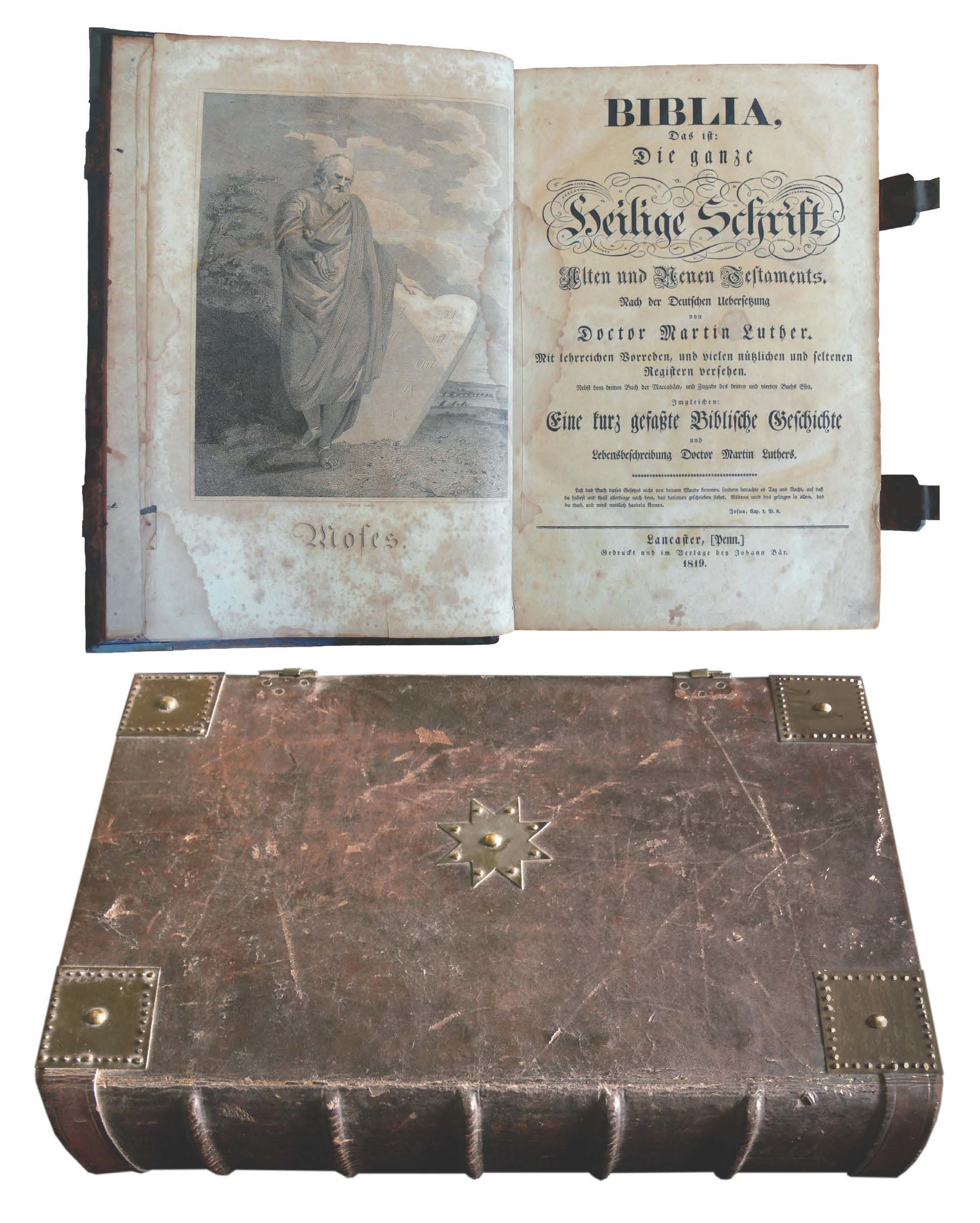 An image of the outside and title page of the Baer Bible. The outside is worn leather with metal detailing on each corner of the cover. In the center is an 8-pointed star. There are two clasps on the right-hand side. The cover page shows a print of Moses on the left-hand page, with extremely detailed black German scripts.