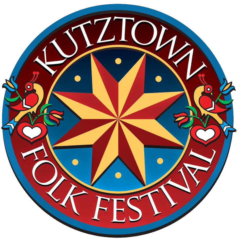 Kutztown Folk Festival Logo: A red and orage 8-pointed star on a blue background. The words "Kutztown Folk Festival" surround a red border with PA Dutch birds and hearts.