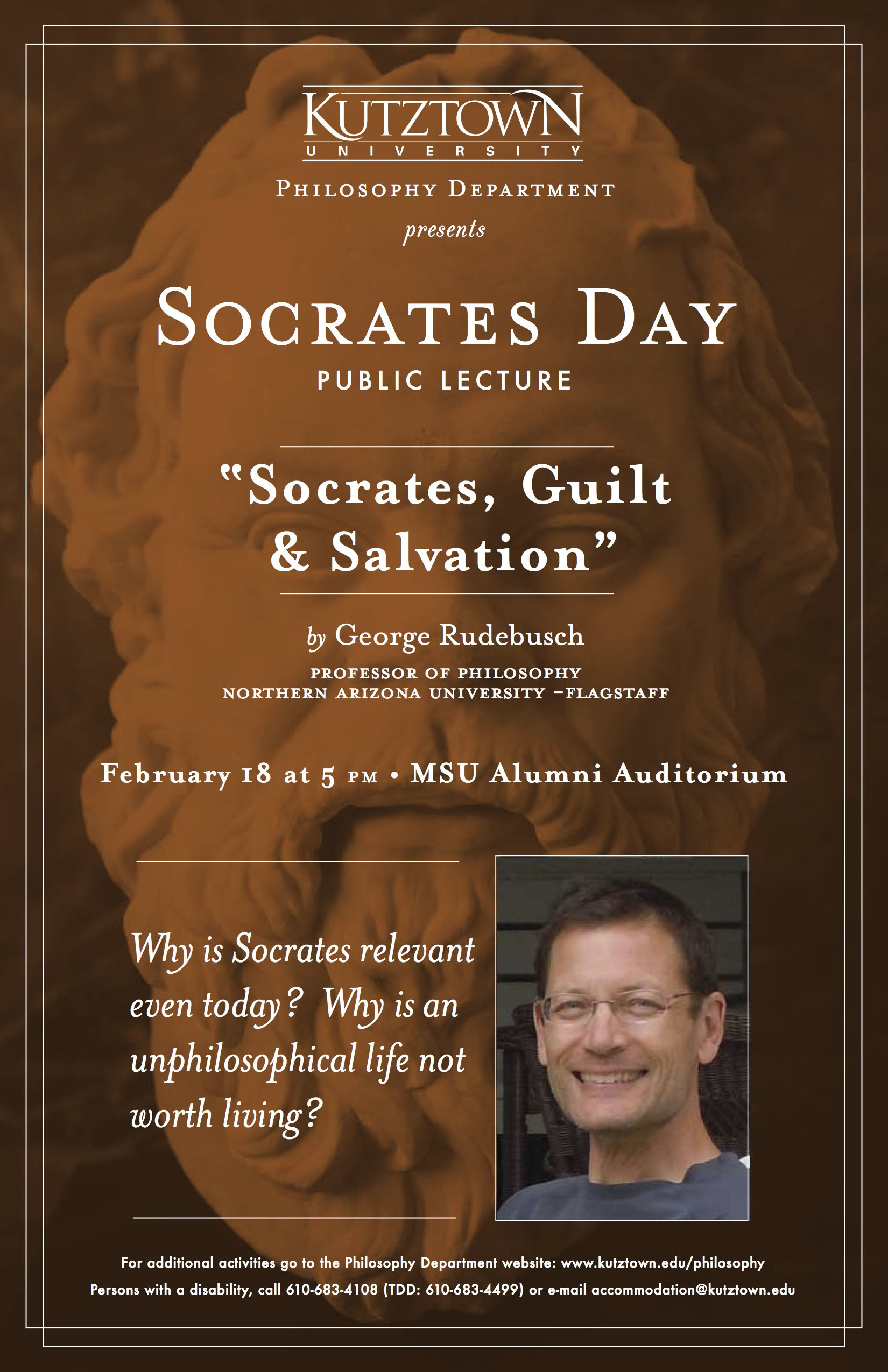 A Poster of Philosopher’s Day 2013[Socrates Day public lecture: “Socrates, Guilt & Salvation”]; by Dr. George Rudebusch