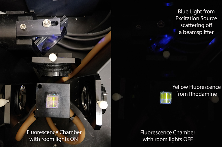 Glowing sample inside a spectrometer chamber