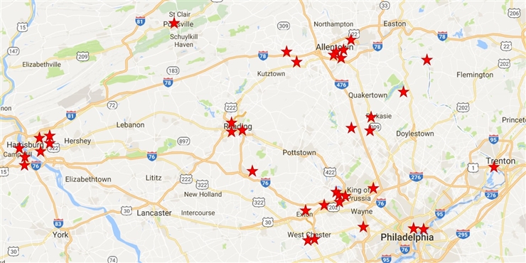Map of Kutztown and surrounding areas with specific areas indicated by stars