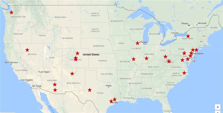 Map of the United States with specific areas indicated by stars