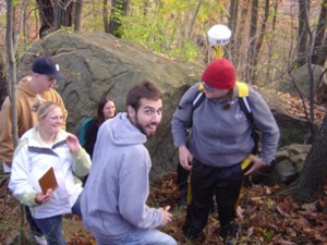 A group of students doing field studies in a forest. 