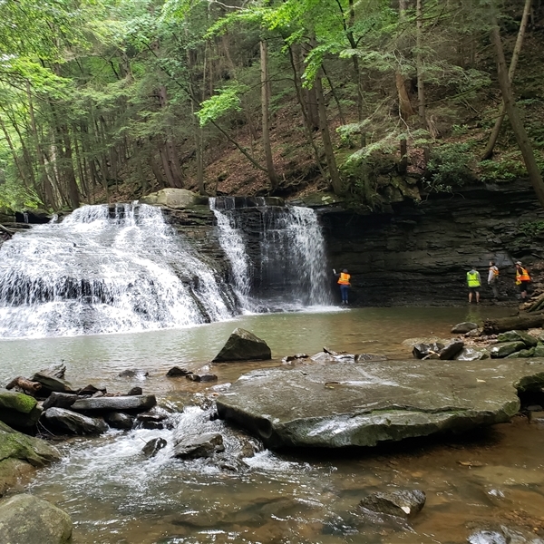 Distant shot of students in neon vests, walking toward a waterfall