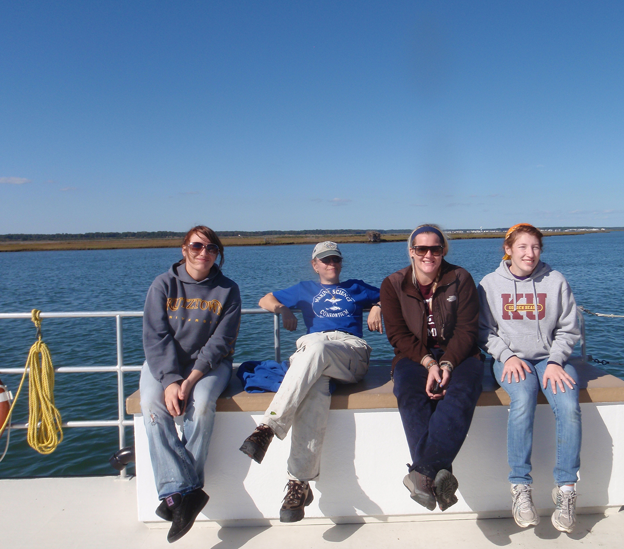 Dr. Ryan and students sitting on a boat with blue skies