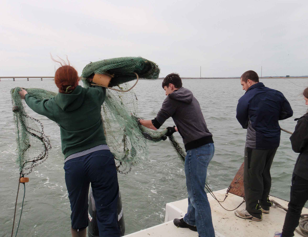 Students on a boat throwing a large fishing net over the side. 