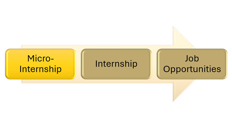 Micro-Internship Arrow that describes the scaffolding experimental learning. Micro-Internship to Internship to Job Opportunities.