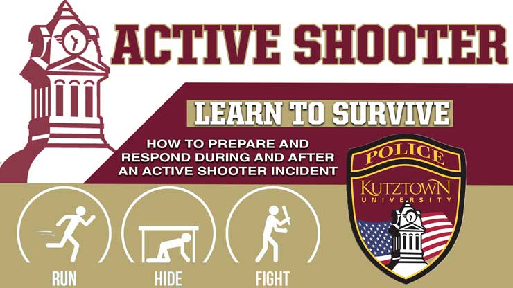 Banner promoting Kutztown University's Run-Hide Fight Active shooter training. The KU tower logo is followed by the wording "active shooter, learn to survive, how to prepare and respond during and after an active shooter incident." Three logos for run, hide, fight are followed by the KU police logo.