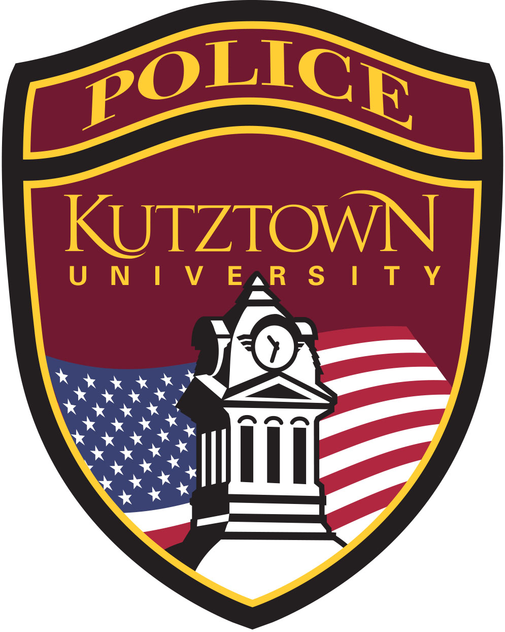 Police Bade reads "Police Kutztown University" with an image of the Old Main Tower over an American Flag.