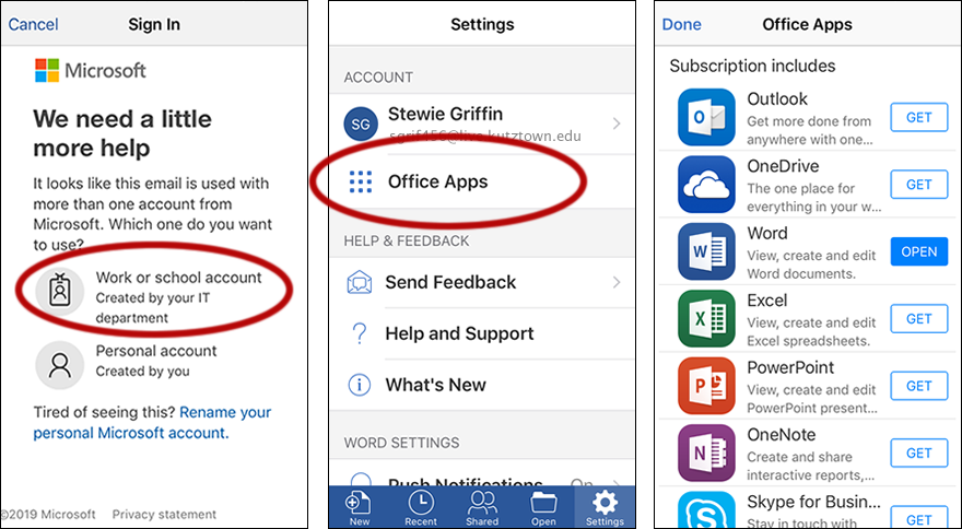 Mobile Office install instructions, Select work or school account then office apps