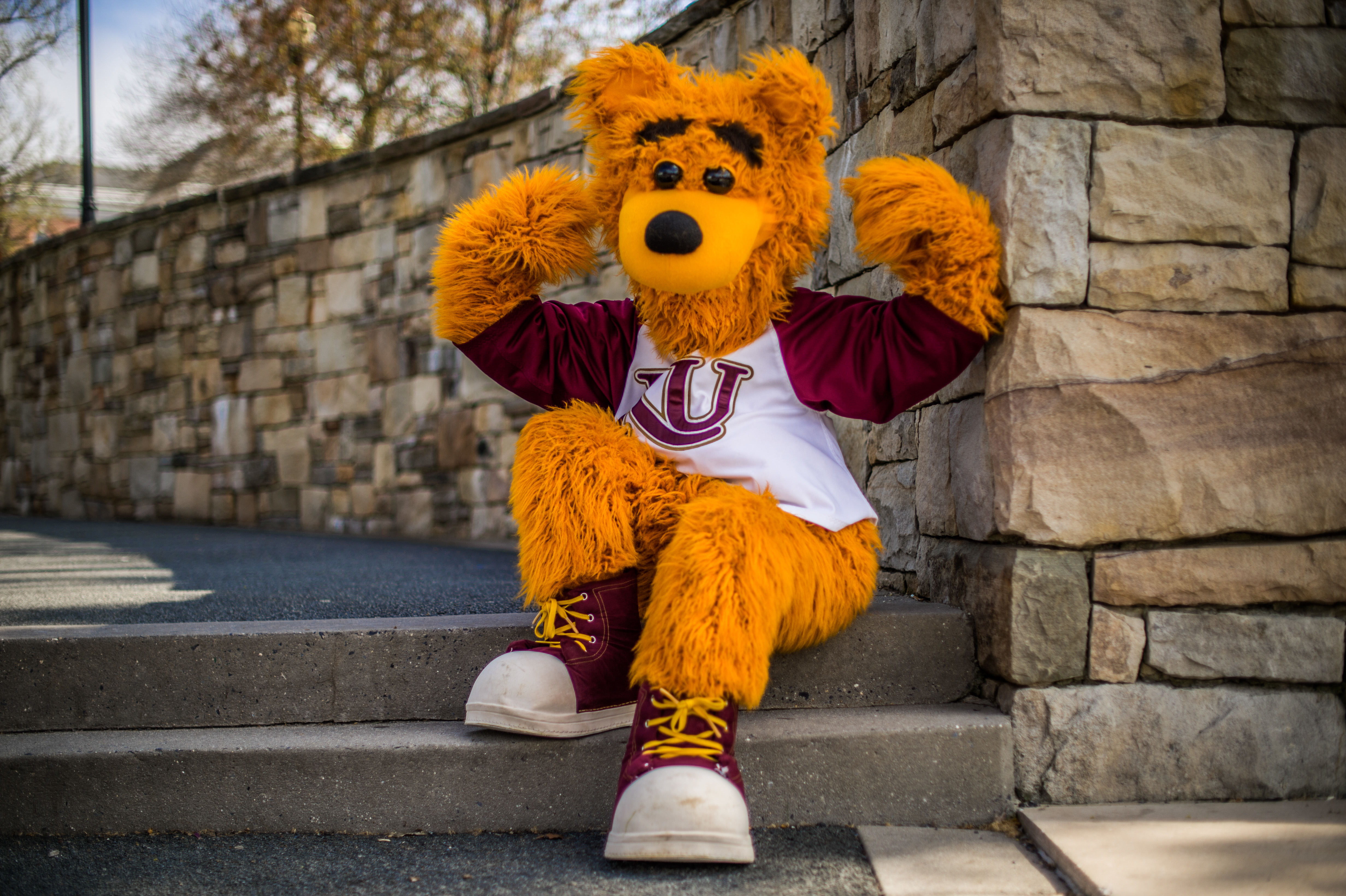 Golden bear mascot Avalanche flexing on the steps of alumni plaza next to the fountain 