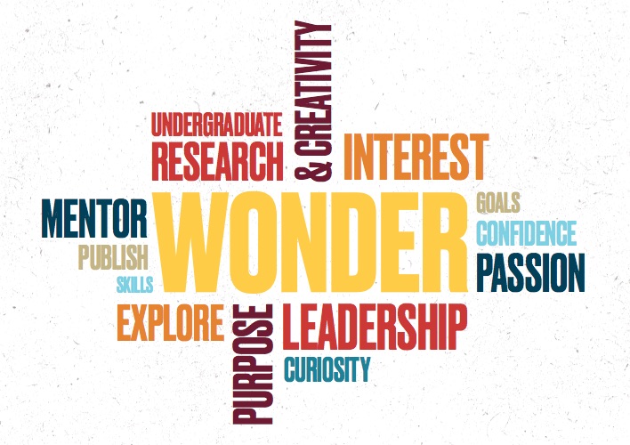 Postcard that reads "undergraduate research, wonder, interest passion, leadership, curiosity, goals, confidence, purpose, explore, mentor, publish, research, and creativity,  