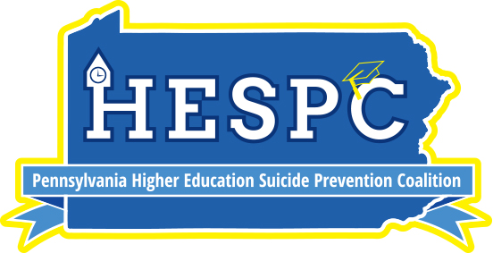 Logo HESPC Pennsylvania Higher Education Suicide Prevention Coalition words on top of blue shape of State of Pennsylvania