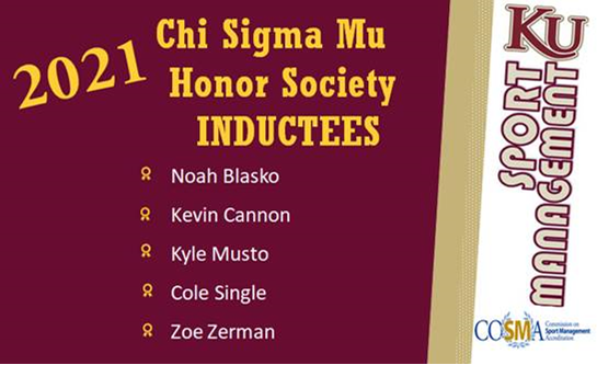 2021 Chi Sigma Mu Honors society inductees: Noah Blasko, Kevin Cannon, Kyle Musto, Cole Single and Zoe Zerman 