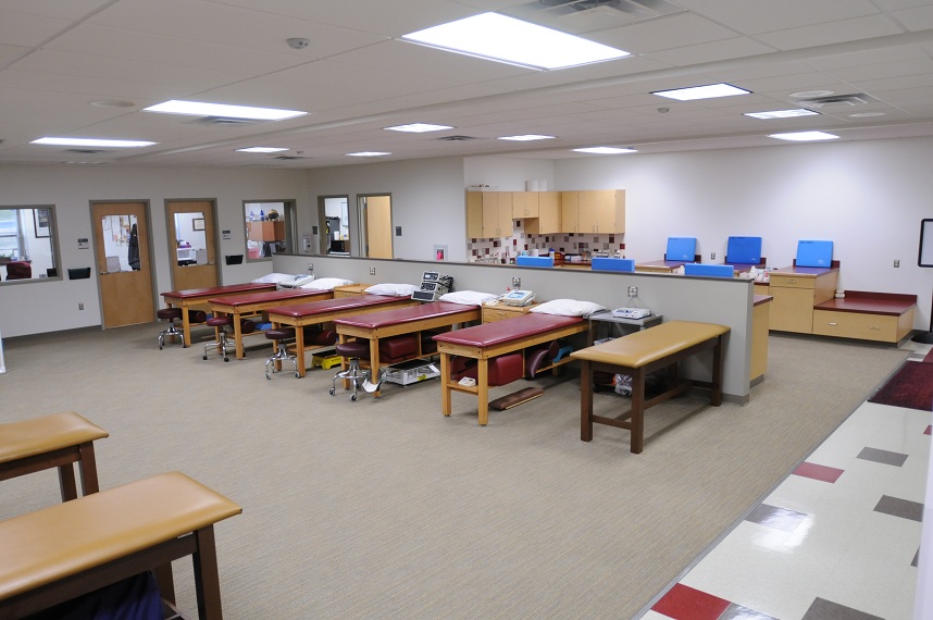 distant shot of the medical beds in the sports medicine training room