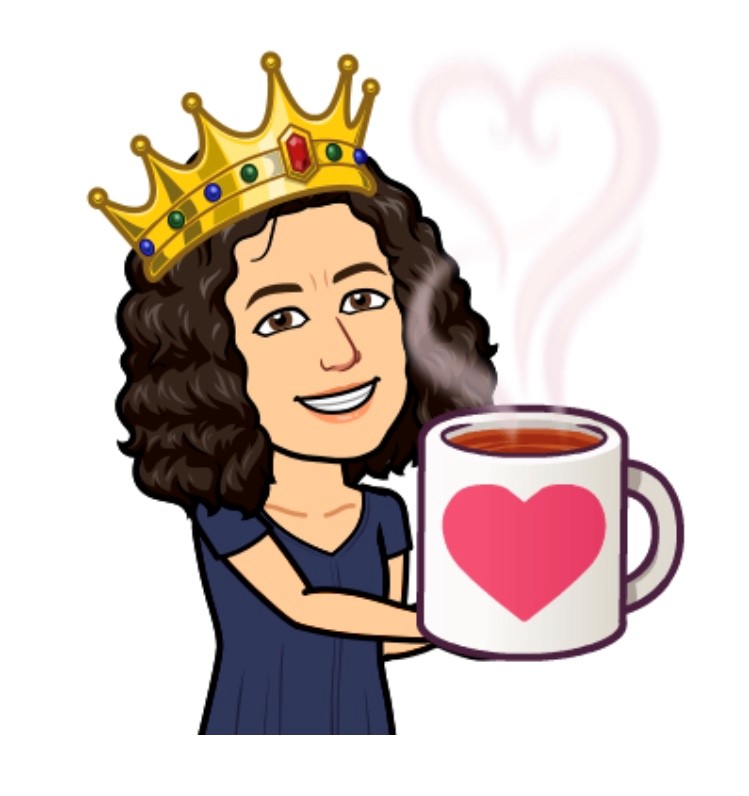 Female cartoon bitmoji holding a cup of coffee in a mug with a heart and wearing a crown 