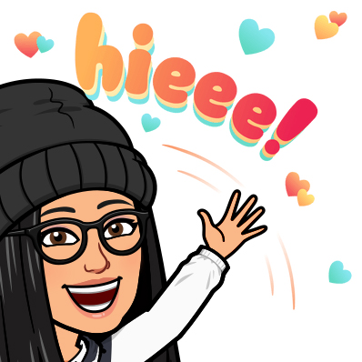 Closeup on a female bitmoji smiling and waving vigorously under bold text that says "hieee!" and surrounded by cartoon hearts 