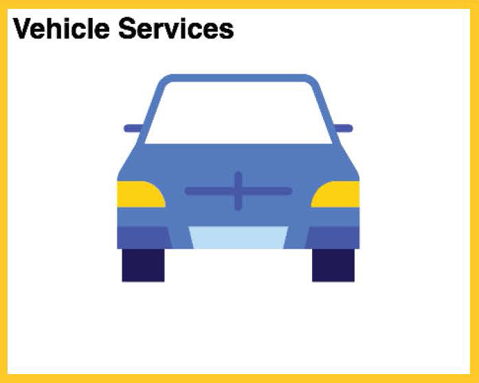 graphic of a blue car from the front with yellow headlights and the words vehicle services