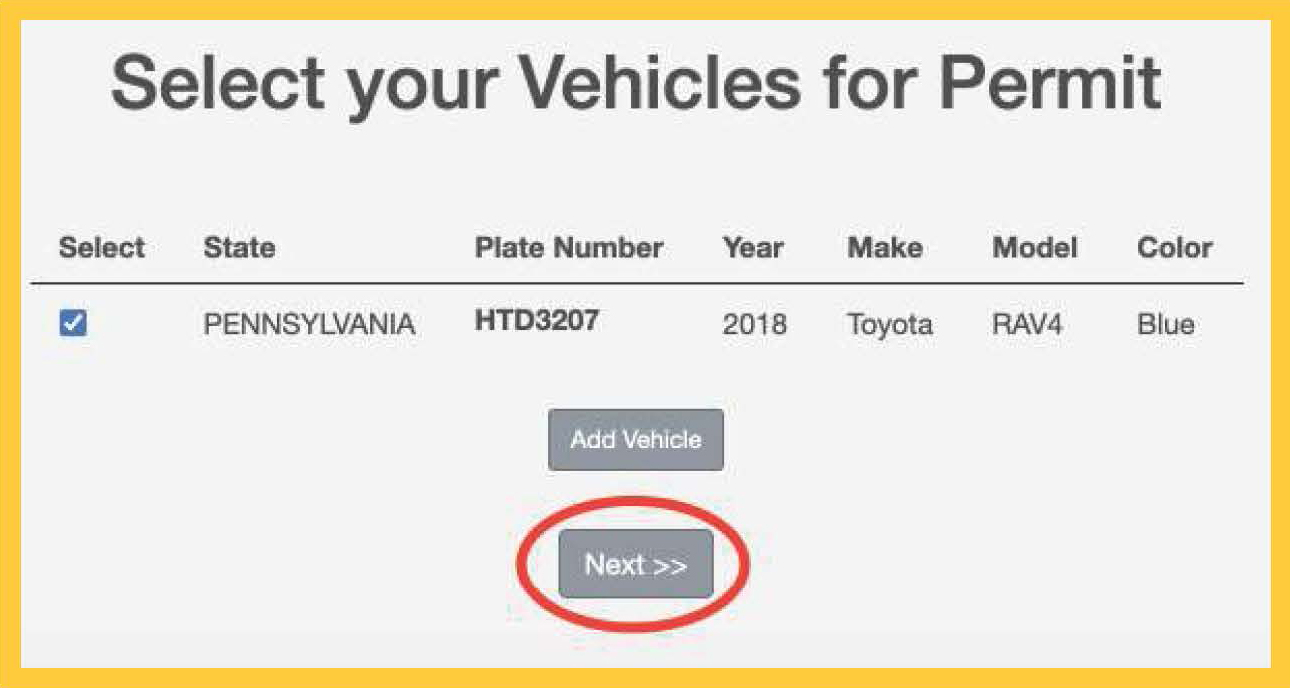 Select your Vehicles for permit with the Next >> button circled