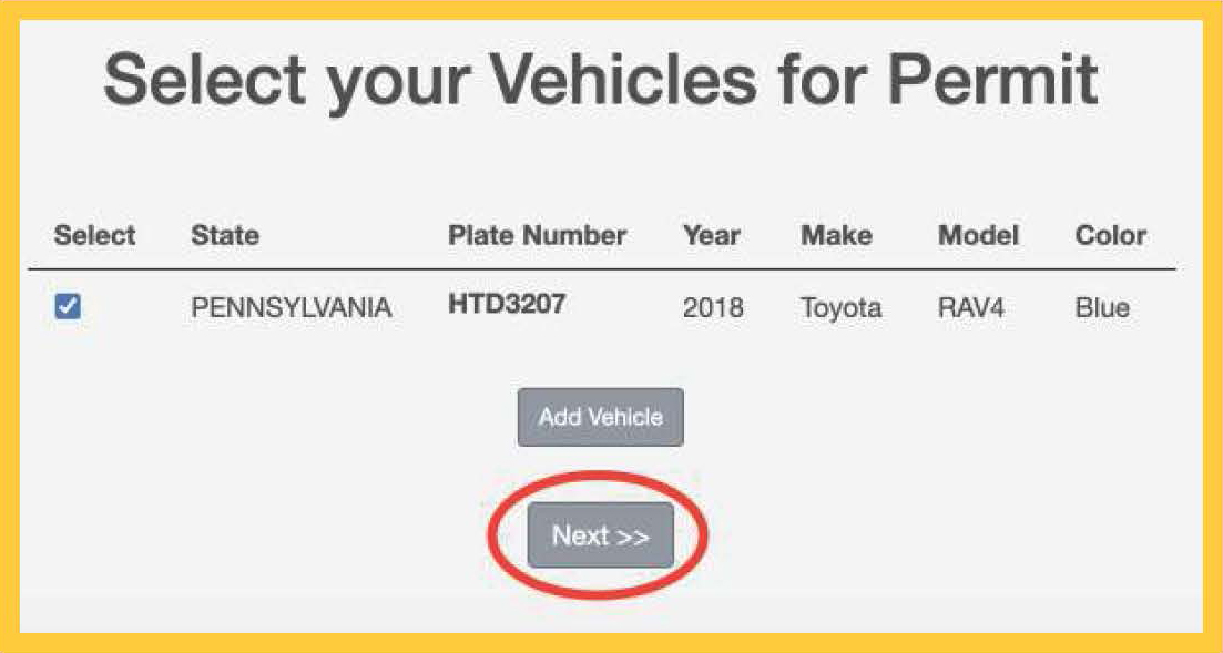 Select your vehicles for permit page with vehicle checked and next button circled