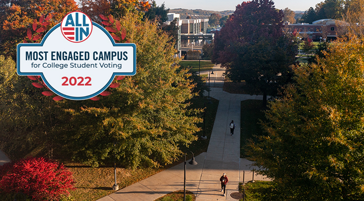 Fall drone photo of campus, with logo of All In Most Engaged Campus for College Student Voting 2022.