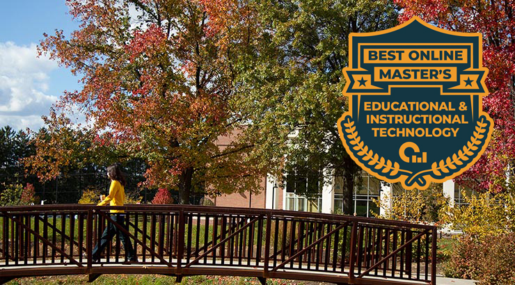 A student walking across the bridge to Boehm Science Center, with a seal that says "Best online master's, educational and instructional technology" 