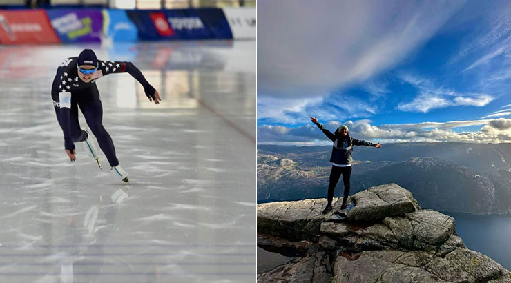 Left photo of Browne skating, and right photo of Browne on top of mountains in Norway.