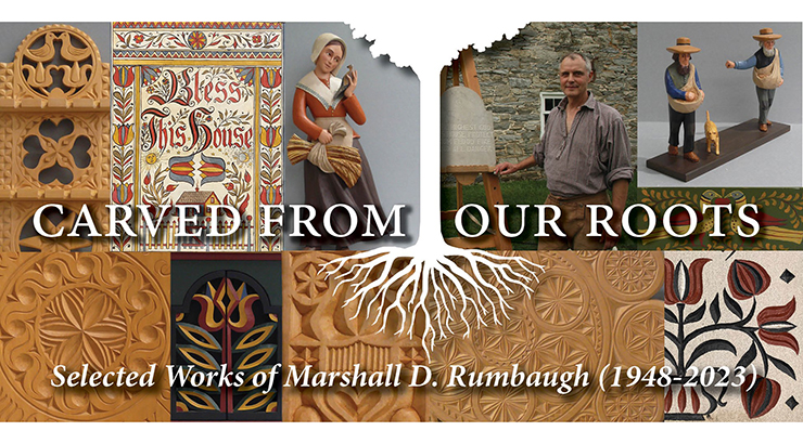Artwork of exhibition with text "Carved from our Roots. Selected Works of Marshall D. Rumbaugh (1948-2023)