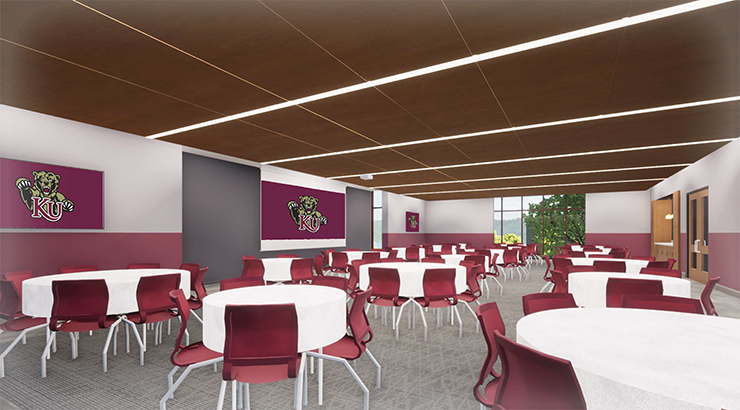 Artists rendering of the meeting room of Admissions Welcome Center. Shows the area where students will begin their tours of campus.