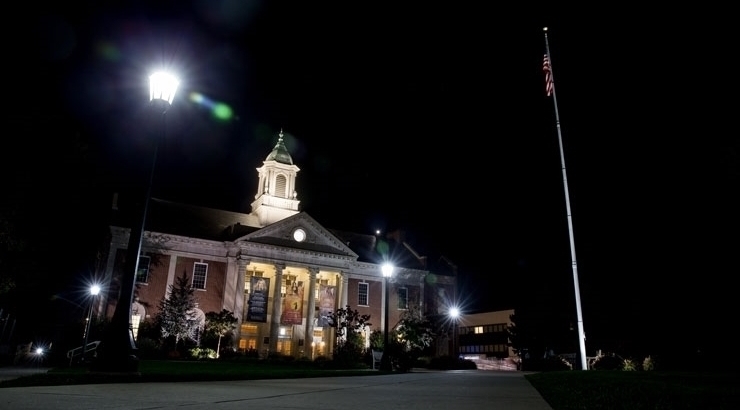 Outdoor photo of Schaeffer at night.