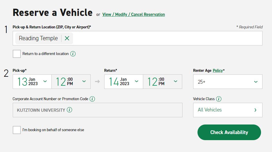 A screenshot of the Enterprise page showing Car Rental Location on the left with Address, Contact Info, and Hours. The right side showing car rates with spots for dates and tiems.