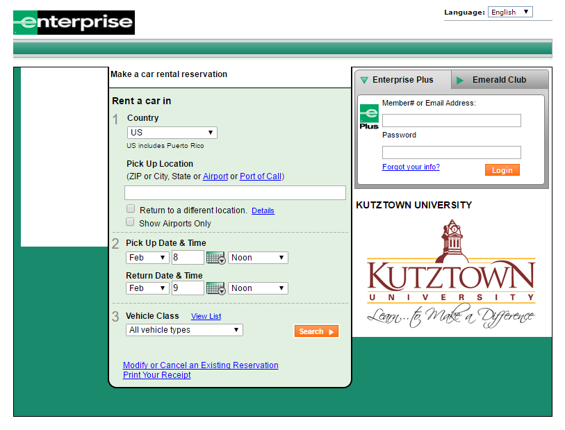 A screenshot of the enterprise website showing car rental reservation options on the left in 3 sections. 1) Country, Pick up location. 2) Pick up date and time. 3) Vehicle class. On the right is member login and KU Logo. 