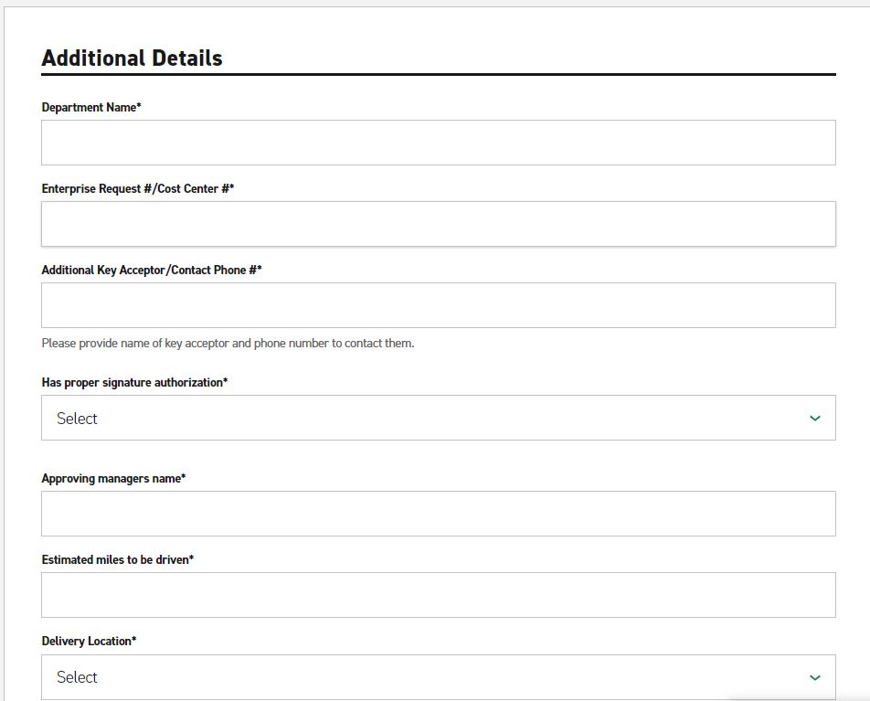 A screenshot of the enterprise page showing information feilds for the renter to fill out. Different feilds like Name, Phone Number, Email, License.