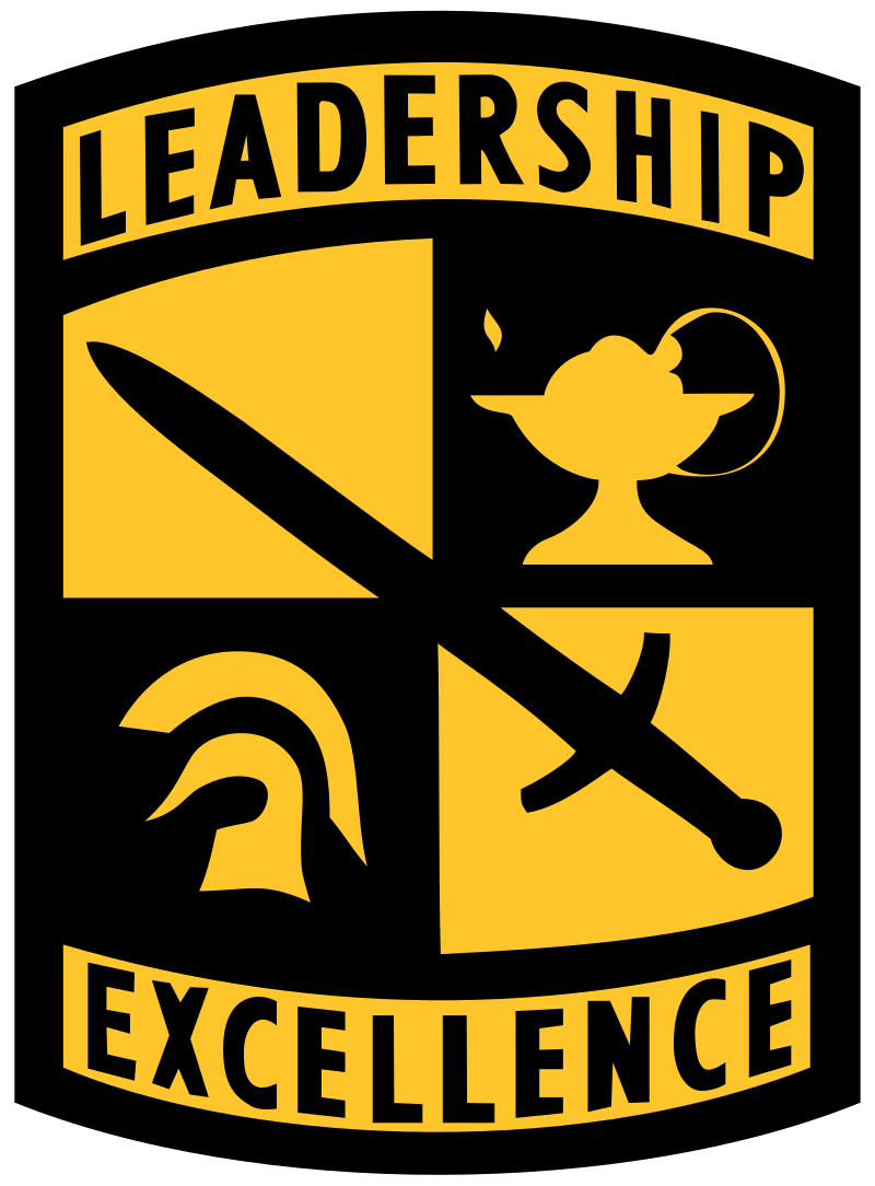 an illustration of a military patch that is gold and black with the words leadership excellence and symbols of a sword, gladiator helmet and genie lamp