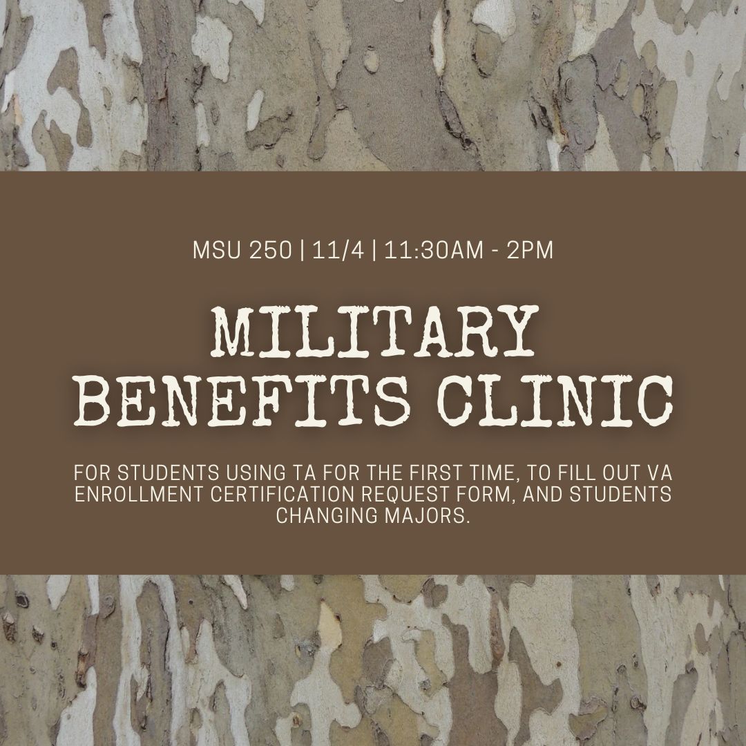 an image with Military Benefits Clinic and location information