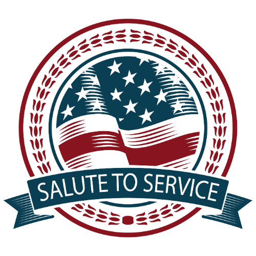 an image of a red, white and blue circle with words Salute to Service