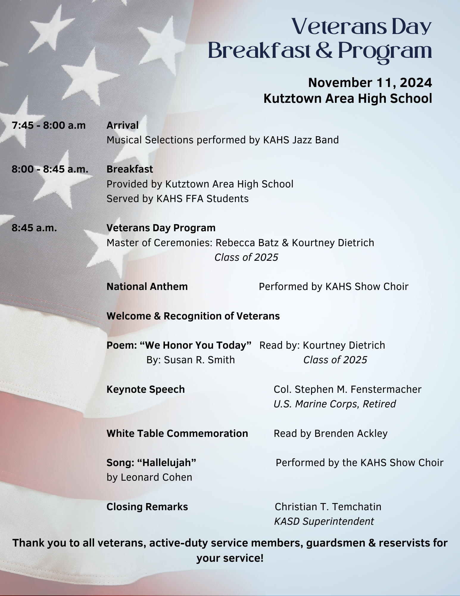 A picture of an invitation to a veterans breakfast held at Kutztown High School on Veterans Day