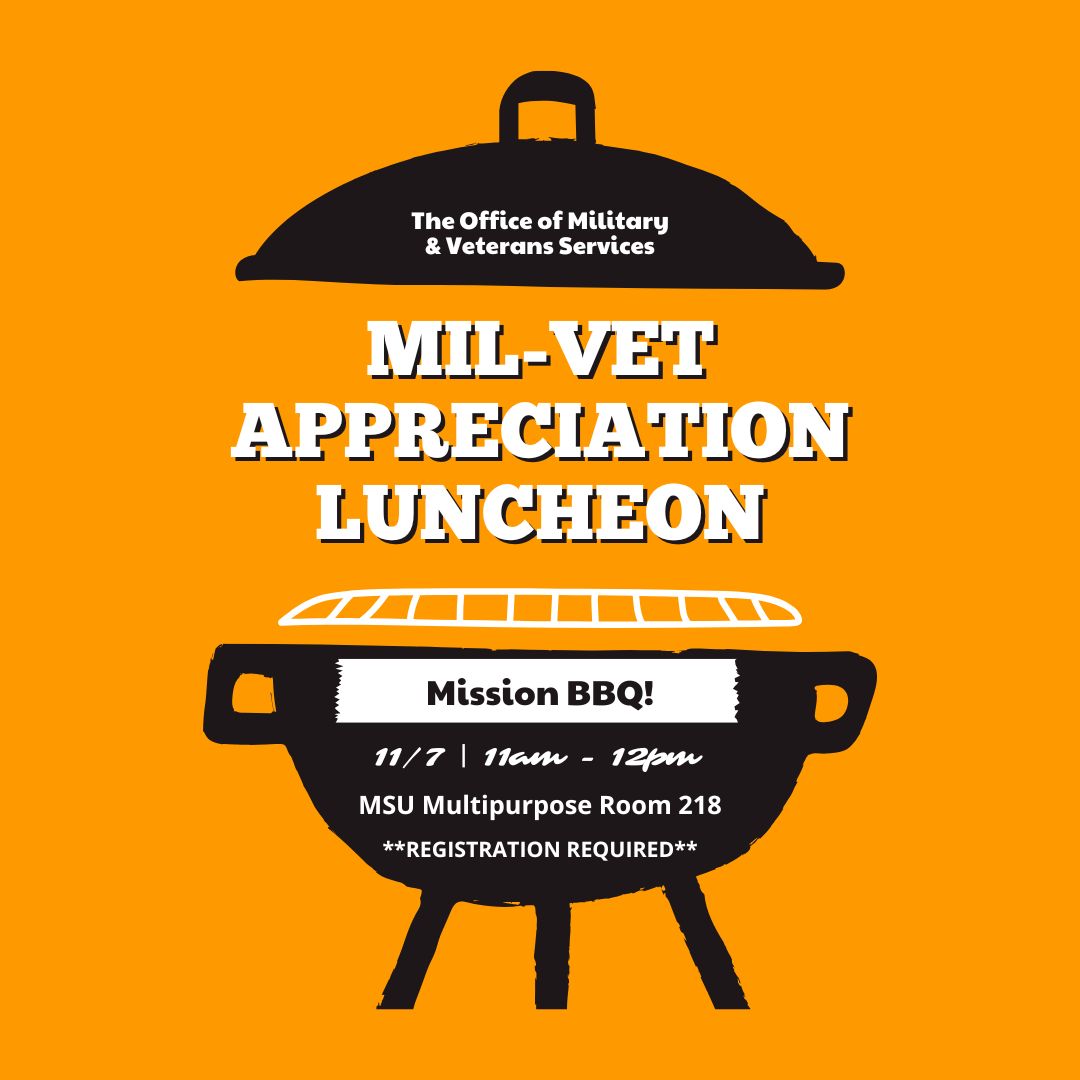 orange image with a grill and Mil-Vet Appreciation Luncheon written