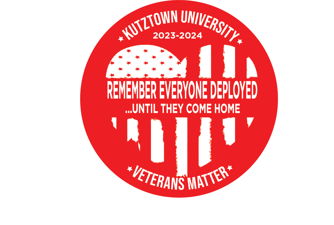 Red and white button with Remember Everyone Deployed Written on it.