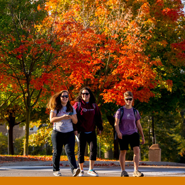 Three students walking on campus with colorful fall foliage in the background.