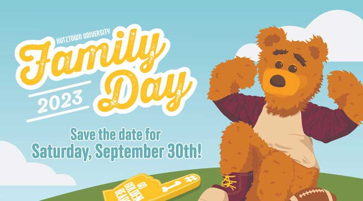 Kutztown University Family Day 2023, Save the date for Saturday, Sept. 30.  Cartoon of Avalanche the Golden Bear flexing with a Golden Bear #1 foam finger and football in the foreground.