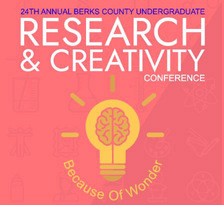 24th Annual Berks County Undergraduate Research and Creativity Conference Because of Wonder, poster includes an image of a lightbulb with a brain inside, with mutliple research related icons in the background.