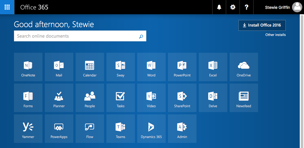 The home page of Office 365, which shows a screen of all the apps that the account has access to.