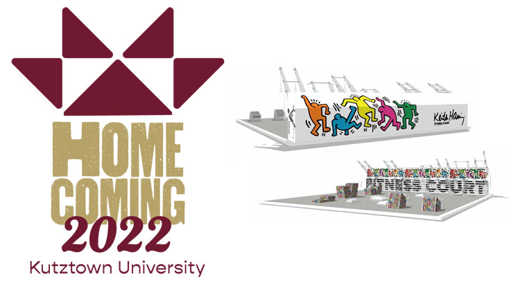 Graphic that includes the 2022 homecoming logo "Homecoming 2022 Kutztown University" and the artists rendering of the Keith Haring Fitness Court
