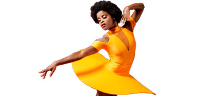 an African american dancer in a ballet pose wearing a yellow costume