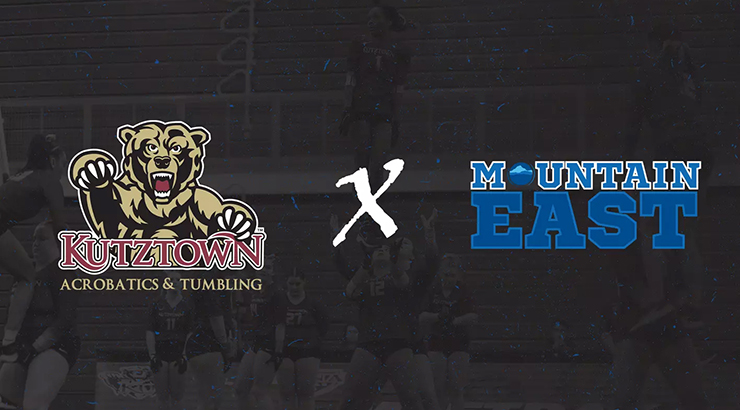 Graphic of Kutztown Golden Bears Acrobatics and Tumbling, next to Mountain East Conference logo