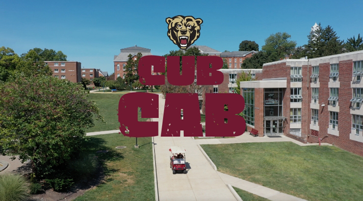 Aerial photo of campus with Golden Bear logo and "Cub Cab" text